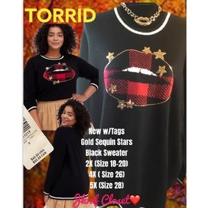 LOWEST🌺 NWT TORRID 5X-2X 1X-0X-or 00 BLACK w/GOLD STARS SWEATER